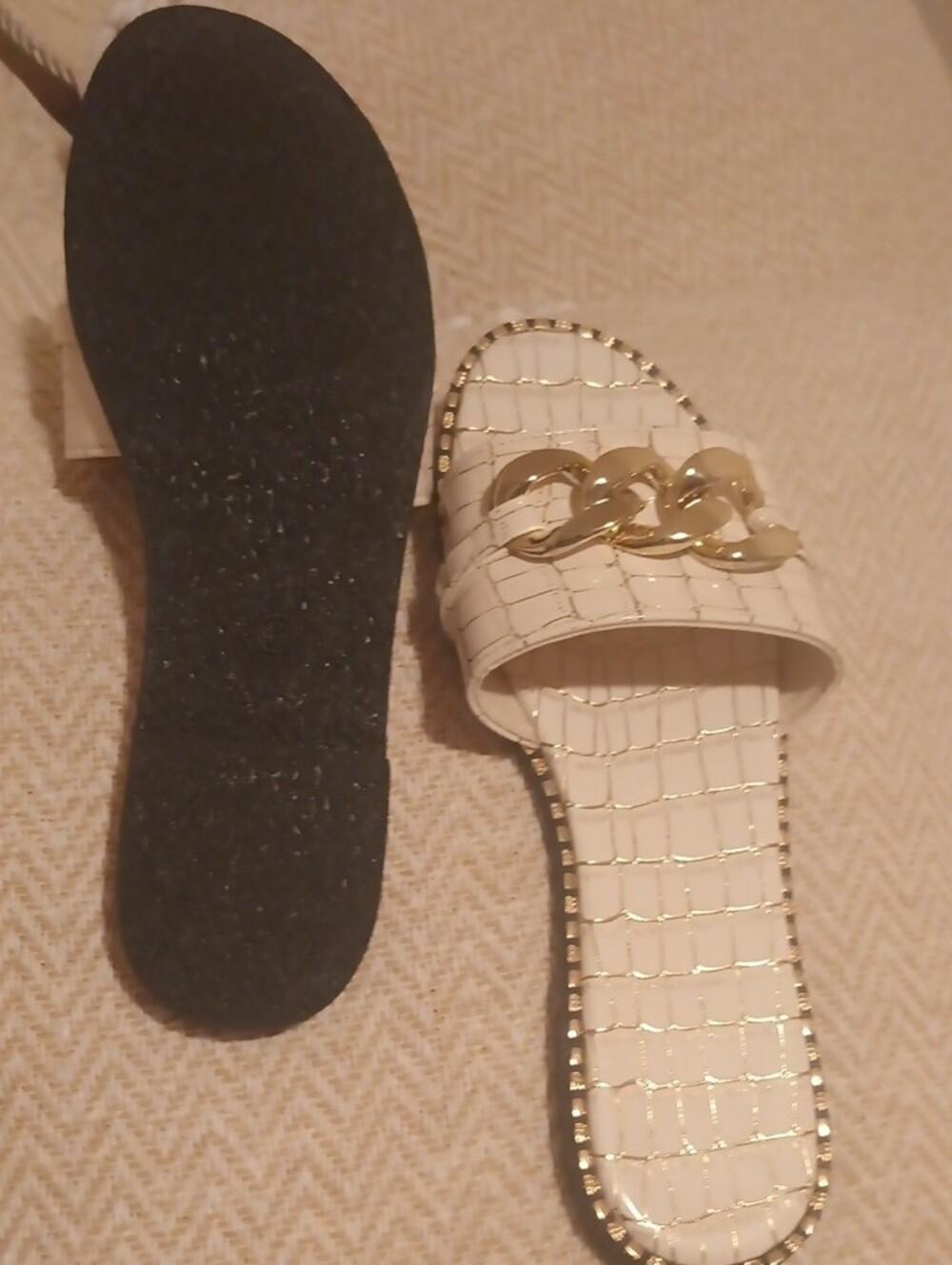 White Croc-Embossed Slide Mules with Gold Chain Accent - Picture 3 of 3